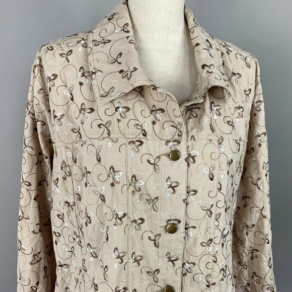 Leslie Fay Woman Button Up Shacket Plus 2X Beige Embroidered Cotton - Picture 3 of 11
